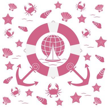 Deniz konulu güzel resim: can simidi, çapa, tekne, dalga, Yengeç, deniz yıldızı, deniz kabuklarını beyaz bir arka plan üzerinde