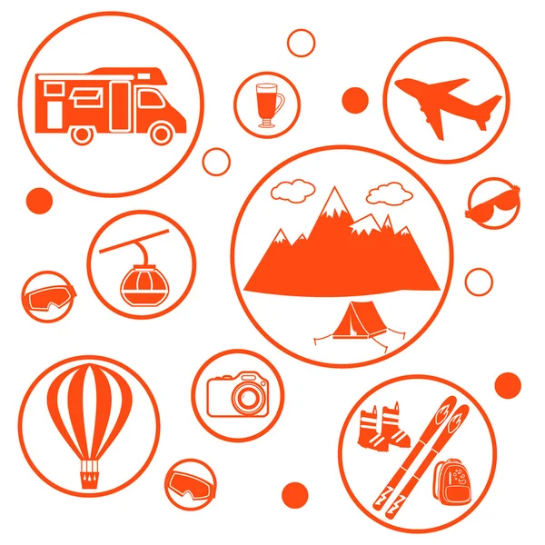 Zestaw ikon stylizowane turystyczny sprzęt i akcesoria w górach na białym tle — Wektor stockowy