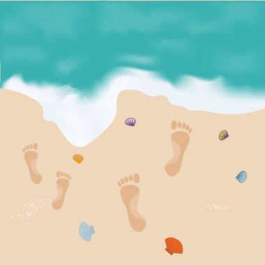 Deniz ve sahil kum ve kabukları üzerine ayak izleri ile güzel resim