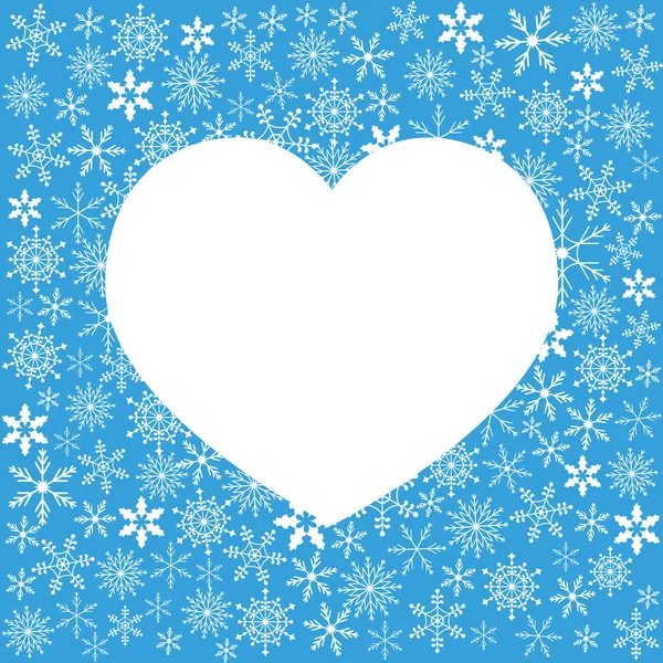 Ilustração de inverno com variedade de flocos de neve e coração branco s — Vetor de Stock