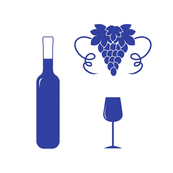 와인, 와인 글래스 및 포도의 착 색된 병의 양식된 아이콘 — 스톡 벡터