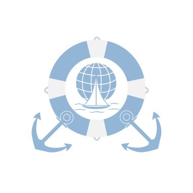 Lifebuoy iki çapa ile bir dünya üzerinde dalgaların üzerinde yelken renkli bir yat stilize simgesi