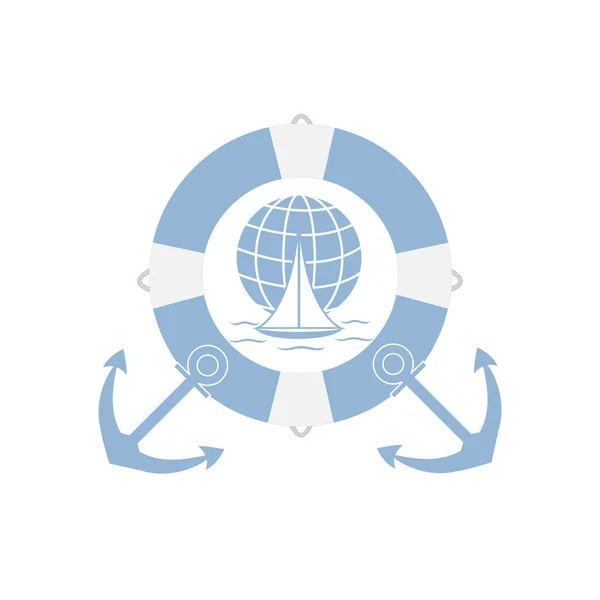 Icône stylisée d'un yacht coloré, naviguant sur les vagues sur un globe en bouée de sauvetage avec deux ancres — Image vectorielle