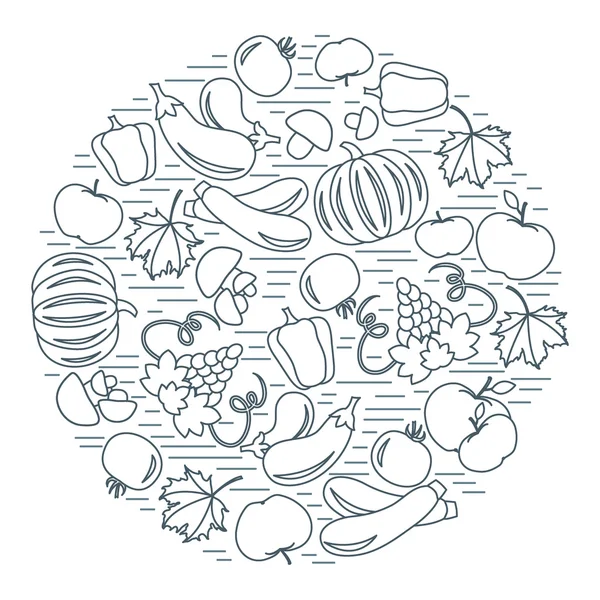 Herbst saisonales Obst und Gemüse im Kreis. Tomaten, Paprika, Trauben, Zucchini und andere Herbstfrüchte und -gemüse für Ankündigungen, Werbung, Flyer oder Banner. — Stockvektor