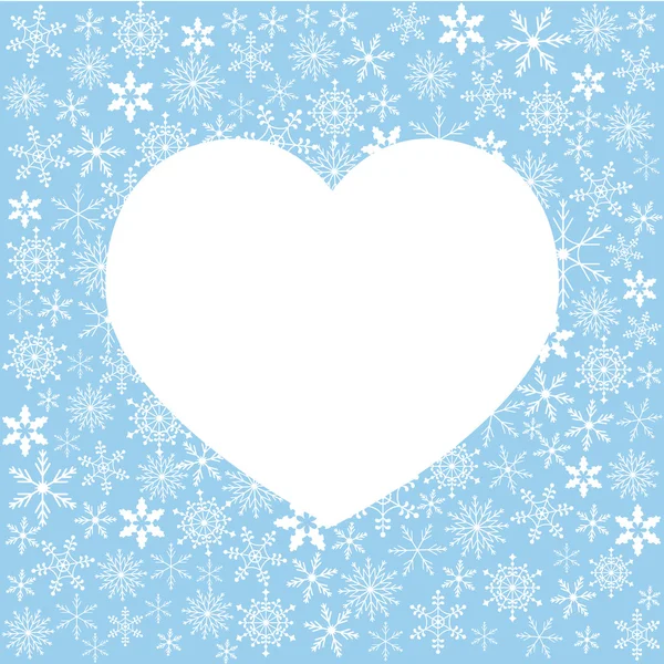 Ilustração de inverno com variedade de flocos de neve e forma de coração branco para o seu texto — Vetor de Stock