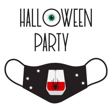 Vektör çizimi. Mutlu Cadılar Bayramı. Cadılar Bayramı partisi. Cadılar Bayramı maskesi - COVID-19 komik tasarımlı tıbbi maske. Tatil kostümü. Yeniden kullanılabilir yüz koruma maskeleri için Festive Print tasarımı