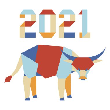 Origami 2021 yılı rakamları ve saçmalıklarıyla yeni yıl vektör illüstrasyonun kutlu olsun. Çin takviminde 2021 'in sembolü olan yıllık boğa burcu. Öküz yılı. Çin burcu. Yazdırma için tasarım