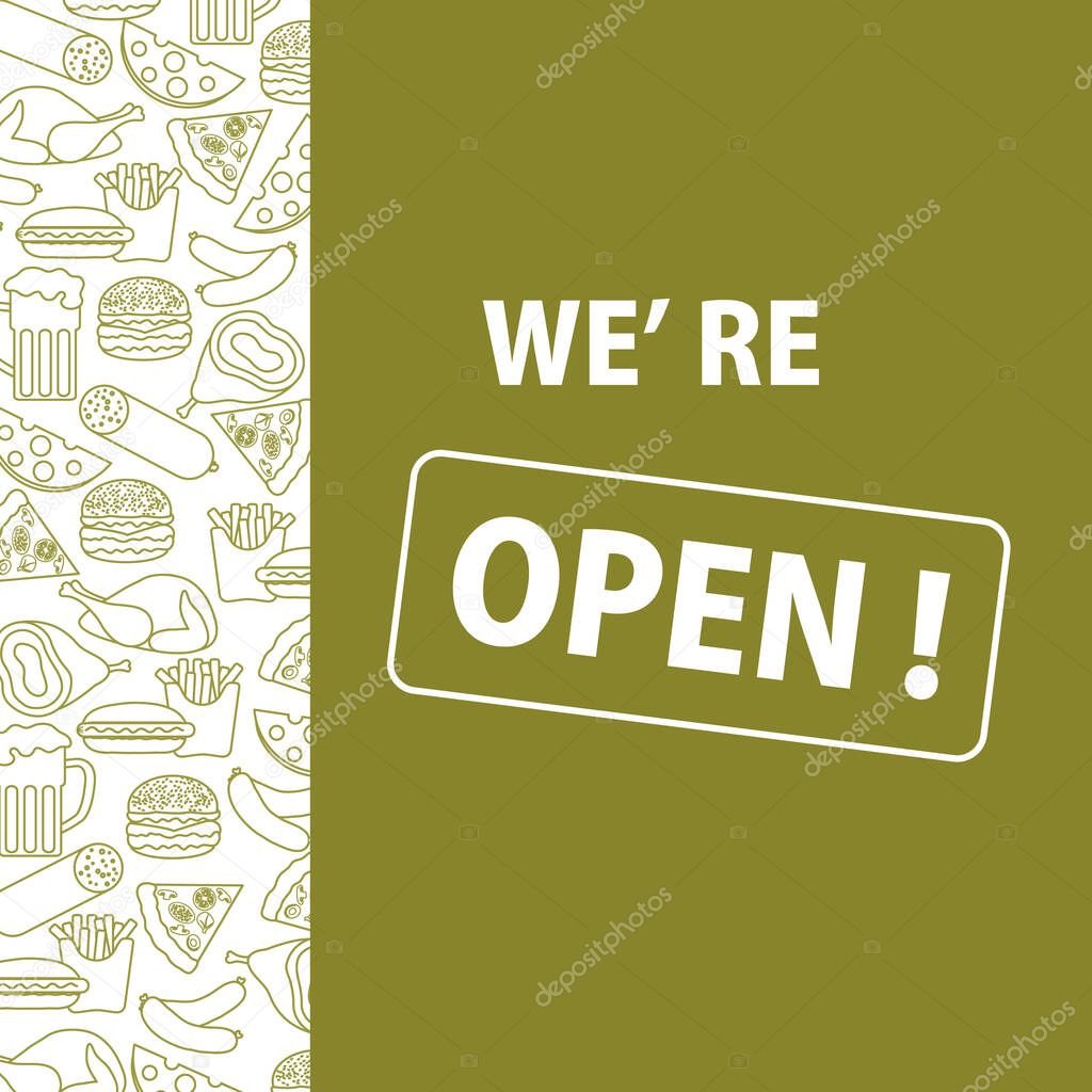 Vector illustration Reopening of street food trading, pizza shops, fast food cafe after COVID-19 quarantine, coronavirus pandemic. Sign We're open. Social distancing. Reducing risk of infection