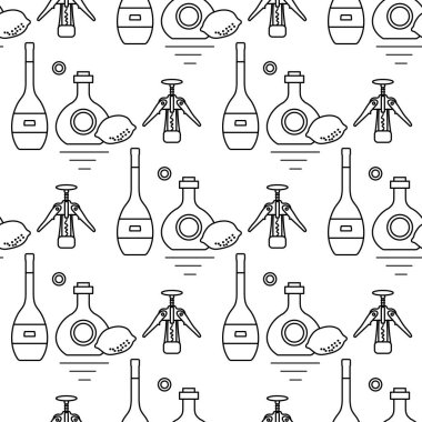 Kusursuz desenli vektör illüstrasyon şişeleri alkollü içecek, tirbuşon. İçki dükkanı, bar. Alkol pazarı konsepti. Barmen için alkol elementi. Şarap, içki. Menü, ağ, yazdırma için tasarım