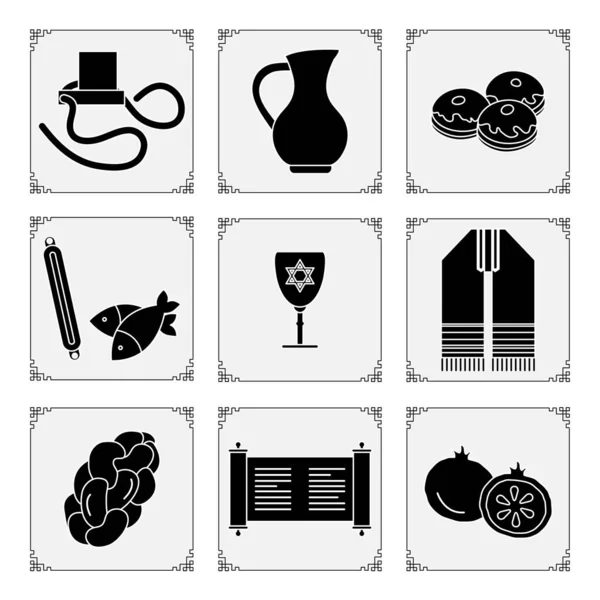 Vektör illüstrasyonu Yahudi bayramı geleneksel sembolleri Tevrat parşömeni, tefillin, sürahi yağ, balık, donut, Judea 'nın ritüel kıyafetleri, nar, challah Mutlu Hanuka Rosh Hashanah Baskı Tasarımı