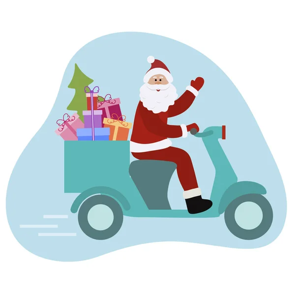 Gelukkig Nieuwjaar 2021 Vrolijk Kerstvector Illustratie Kerstman Motor Draagt Geschenken — Stockvector