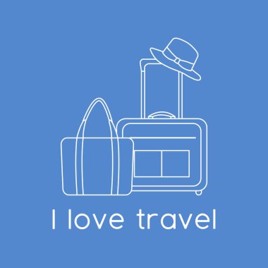 Vektör illüstrasyon çantası, güneş şapkası, arka planda izole edilmiş plaj çantası. Seyahat etmeyi severim. Yaz tatili, tatil, tatil. Seyahat acentesi kavramı. Web sayfası için dizayn, yazdırma