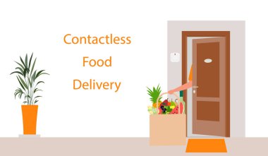 Vektör illüstrasyonu Temassız teslimat. Yemek poşeti evin girişine bırakılmış. Coronavirus COVID-19 karantina emri transferi. Virüs 2019-nCoV koruması, enfeksiyon önleme. Salgını Kontrol Et