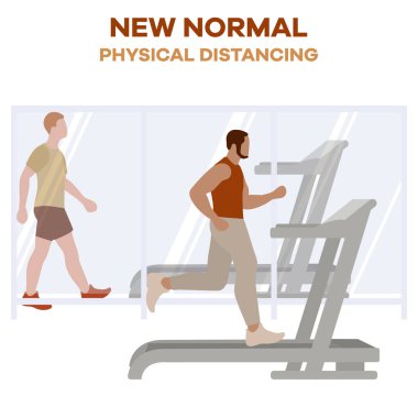 Vücut geliştirme merkezinin yeniden açılması, koronavirüs karantinasından sonra spor kulüpleri. Koşu bandında spor yapan insanlar COVID 'i sosyal mesafeden uzak tutarlar Yeni normal insanlar Ayrı durun Fiziksel mesafeler