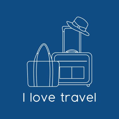 Vektör illüstrasyon çantası, güneş şapkası, arka planda izole edilmiş plaj çantası. Seyahat etmeyi severim. Yaz tatili, tatil, tatil. Seyahat acentesi kavramı. Web sayfası için dizayn, yazdırma