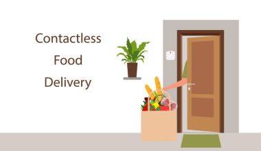 Vektör illüstrasyonu Temassız teslimat. Yemek poşeti evin girişine bırakılmış. Coronavirus COVID-19 karantina emri transferi. Virüs 2019-nCoV koruması, enfeksiyon önleme. Salgını Kontrol Et