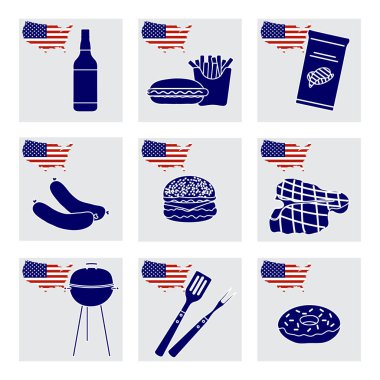 Vector Illustration USA, Amerikan ulusal yiyecek ve içeceğini ayarladı. Barbekü partisi. Bira, sandviç, patates, patates, sosis, hamburger, ızgara et, ızgara, barbekü aletleri. 4 Temmuz Bağımsızlık Günü