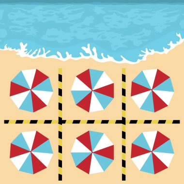 COVID-19 karantina ve koronavirüs salgınından sonra plajlar açılıyor. Şemsiyeler, uzak mesafeden rahatlayabileceğiniz yerler. Yaz, enfeksiyon riskini azaltma ve önleme tedbirleri