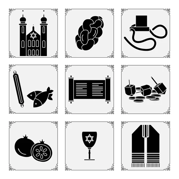 Vektör illüstrasyonu Yahudi bayramı Geleneksel sembolleri Tevrat parşömeni, sinagog, tefillin, balık, dreidel, nar, Judea 'nın ritüel kıyafetleri, basılı basım için mutlu Hanuka Rosh Hashanah Tasarımı