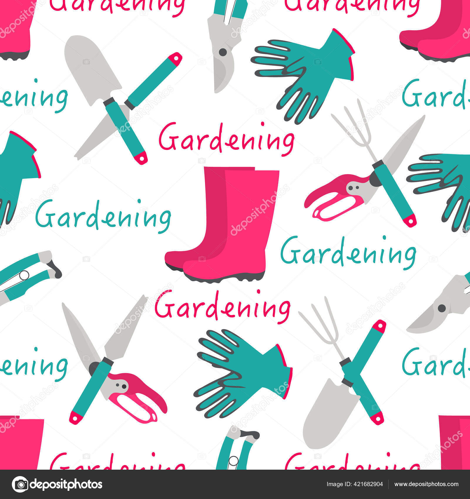 Vector Seamless Pattern Illustration Gardening Tools Rubber Boots