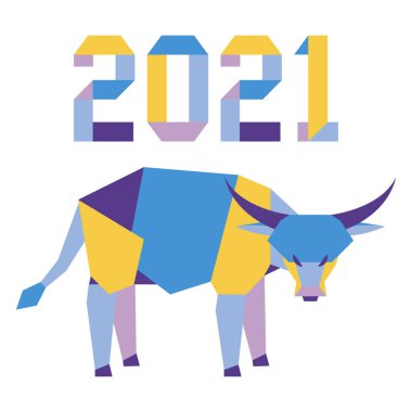 Origami 2021 yılı rakamları ve saçmalıklarıyla yeni yıl vektör illüstrasyonun kutlu olsun. Çin takviminde 2021 'in sembolü olan yıllık boğa burcu. Öküz yılı. Çin burcu. Yazdırma için tasarım