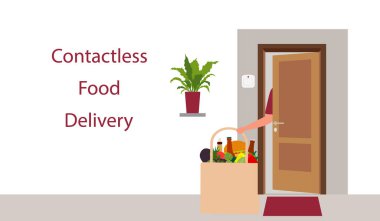 Vektör illüstrasyonu Temassız teslimat. Yemek poşeti evin girişine bırakılmış. Coronavirus COVID-19 karantina emri transferi. Virüs 2019-nCoV koruması, enfeksiyon önleme. Salgını Kontrol Et