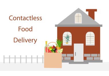 Vektör illüstrasyonu Temassız teslimat. Yemek poşeti evin girişine bırakılmış. Coronavirus COVID-19 karantina emri transferi. Virüs 2019-nCoV koruması, enfeksiyon önleme. Salgını Kontrol Et