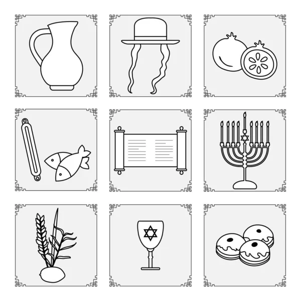 Ilustração Vetorial Férias Judaicas Símbolos Tradicionais Velas Menorah Rolagem Torá —  Vetores de Stock