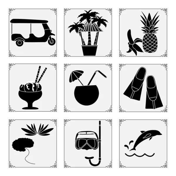 泰国的符号设置了矢量图例 如鸡尾酒尾巴 土拨鼠 棕榈树 冰淇淋 泰国暑假旅行 印刷品的设计 — 图库矢量图片