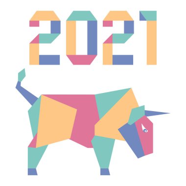 Origami 2021 yılı rakamları ve saçmalıklarıyla yeni yıl vektör illüstrasyonun kutlu olsun. Çin takviminde 2021 'in sembolü olan yıllık boğa burcu. Öküz yılı. Çin burcu. Yazdırma için tasarım