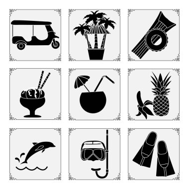 Tayland sembolleri Vektör çizimi Tuk-tuk, palmiye ağaçları, şişme halka, şilte, dondurma, kokteyl, muz, ananas, yunus, maske, tüp, yüzgeç. Tatil Tatil Tatil Tatil Tatil Tatili.