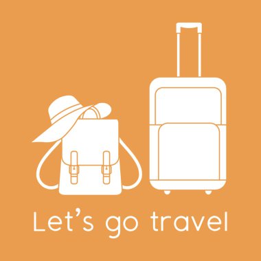 Vektör illüstrasyon çantası, güneş şapkası, arka planda izole edilmiş sırt çantası. Seyahate çıkalım. Yaz tatili, tatil, tatil. Seyahat acentesi kavramı. Web sayfası için dizayn, yazdırma