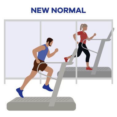 Vücut geliştirme merkezinin yeniden açılması, koronavirüs karantinasından sonra spor kulüpleri. Koşu bandında spor yapan insanlar COVID 'i sosyal mesafeden uzak tutarlar Yeni normal insanlar Ayrı durun Fiziksel mesafeler