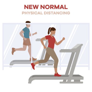 Vücut geliştirme merkezinin yeniden açılması, koronavirüs karantinasından sonra spor kulüpleri. Koşu bandında spor yapan insanlar COVID 'i sosyal mesafeden uzak tutarlar Yeni normal insanlar Ayrı durun Fiziksel mesafeler
