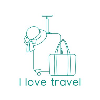 Vektör illüstrasyon çantası, güneş şapkası, beyaz arka planda izole edilmiş plaj çantası. Seyahat etmeyi severim. Yaz tatili, tatil, tatil. Seyahat acentesi kavramı. Web sayfası için dizayn, yazdırma