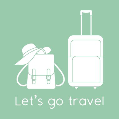 Vektör illüstrasyon çantası, güneş şapkası, arka planda izole edilmiş sırt çantası. Seyahate çıkalım. Yaz tatili, tatil, tatil. Seyahat acentesi kavramı. Web sayfası için dizayn, yazdırma