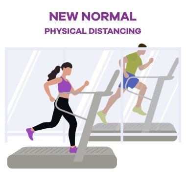 Vücut geliştirme merkezinin yeniden açılması, koronavirüs karantinasından sonra spor kulüpleri. Koşu bandında spor yapan insanlar COVID 'i sosyal mesafeden uzak tutarlar Yeni normal insanlar Ayrı durun Fiziksel mesafeler