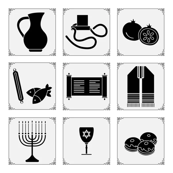 Vektör illüstrasyon Yahudi bayramı Geleneksel sembolleri Menorah mumları Tevrat tefillin sürahisi yağ, balık, donut Judea 'nın ritüel kıyafetleri, nar çiçeği mutlu Hanuka Rosh Hashanah baskı tasarımı