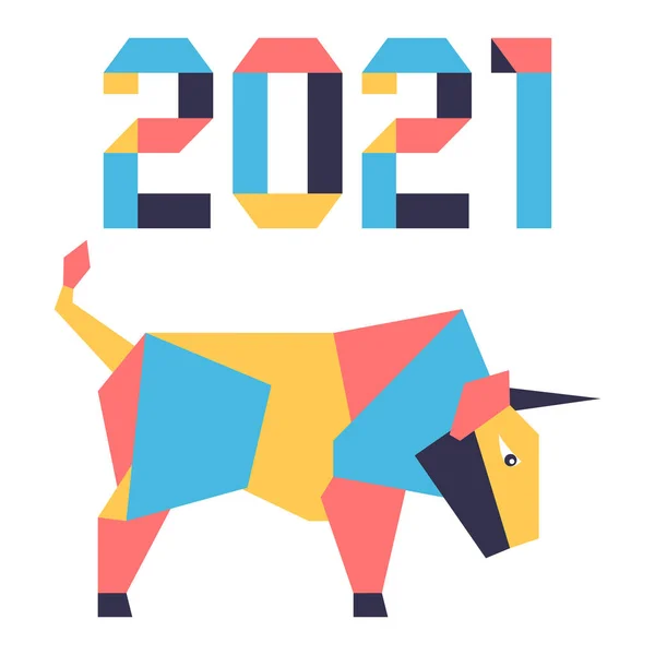 Origami 2021 yılı rakamları ve saçmalıklarıyla yeni yıl vektör illüstrasyonun kutlu olsun. Çin takviminde 2021 'in sembolü olan yıllık boğa burcu. Öküz yılı. Çin burcu. Yazdırma için tasarım