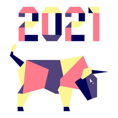 Origami 2021 yılı rakamları ve saçmalıklarıyla yeni yıl vektör illüstrasyonun kutlu olsun. Çin takviminde 2021 'in sembolü olan yıllık boğa burcu. Öküz yılı. Çin burcu. Yazdırma için tasarım