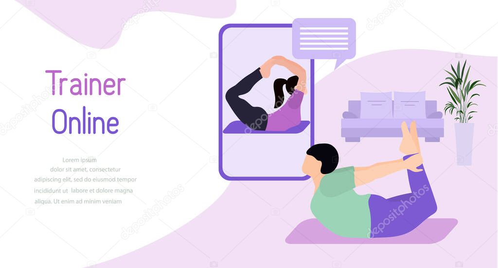 Vector illustration Training with an online trainer Sport fitness training at home Online sports activities Healthy Active lifestyle Yoga for everyone Balance training Fitness blog Workout app concept