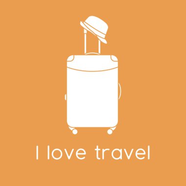 Vektör illüstrasyon çantası, arka planda izole edilmiş güneş şapkası. Seyahat etmeyi severim. Yaz tatili, tatil, tatil. Seyahat acentesi, rezervasyon servisi. Web sayfası için dizayn, yazdırma