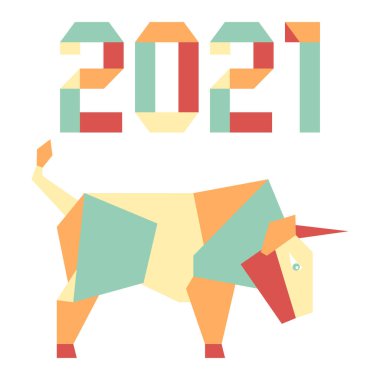 Origami 2021 yılı rakamları ve saçmalıklarıyla yeni yıl vektör illüstrasyonun kutlu olsun. Çin takviminde 2021 'in sembolü olan yıllık boğa burcu. Öküz yılı. Çin burcu. Yazdırma için tasarım