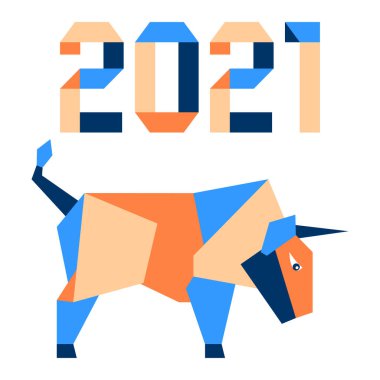 Origami 2021 yılı rakamları ve saçmalıklarıyla yeni yıl vektör illüstrasyonun kutlu olsun. Çin takviminde 2021 'in sembolü olan yıllık boğa burcu. Öküz yılı. Çin burcu. Yazdırma için tasarım