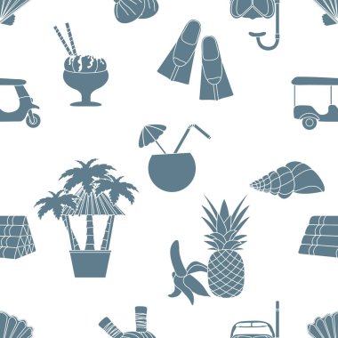 Kusursuz desenli seyahat vektör ilüstrasyonu Tatil Macerası Yaz Gezisi Tuk-tuk, palmiye ağacı, maske, şnorkel, palet, masaj için bitkisel keseler, kabuk, ananas, muz, kokteyl