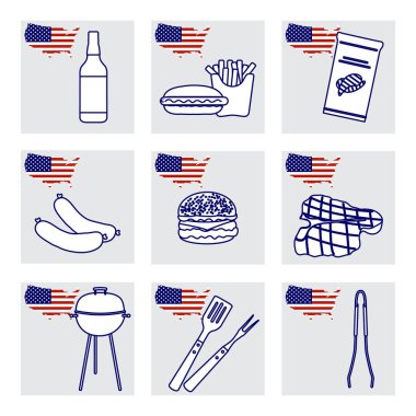 Vector Illustration USA, Amerikan ulusal yiyecek ve içeceğini ayarladı. Barbekü partisi. Bira, sandviç, patates, patates, sosis, hamburger, ızgara et, ızgara, barbekü aletleri. 4 Temmuz Bağımsızlık Günü