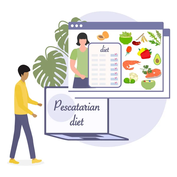 Ilustração Vetorial Nutrition Consultant Online Explica Dieta Pescatariana Para Humanos —  Vetores de Stock