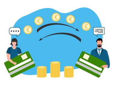 Vector Illustration Mobile para transferi Çevrimiçi Çevrimiçi Çevrimiçi Finansal işlemler Çevrimiçi Bankacılık. İnsanlar kredi kartıyla para gönderiyor. Web için Finansal Semboller Geri çekme Aktarım Tasarımı