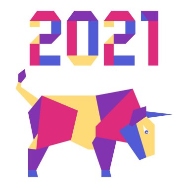 Origami 2021 yılı rakamları ve saçmalıklarıyla yeni yıl vektör illüstrasyonun kutlu olsun. Çin takviminde 2021 'in sembolü olan yıllık boğa burcu. Öküz yılı. Çin burcu. Yazdırma için tasarım