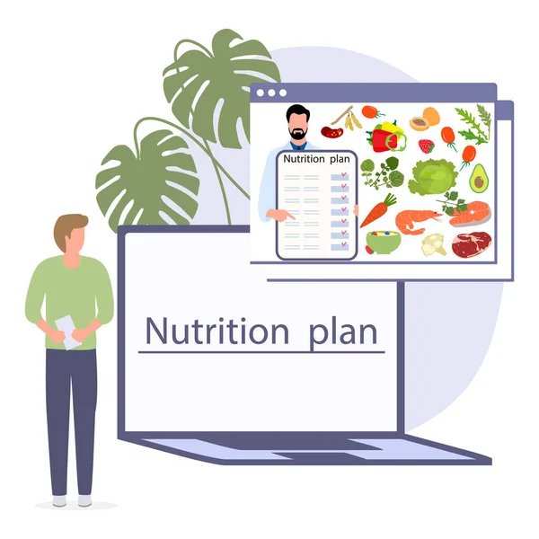 Ilustração Vetorial Nutrition Consultant Online Explica Dieta Humana Nutrição Adequada —  Vetores de Stock